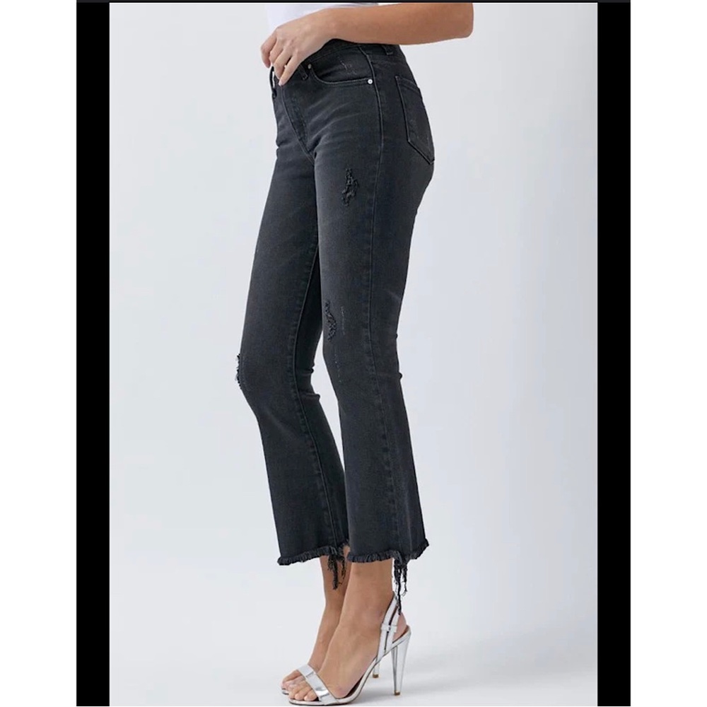 RISEN Denim Black Distressed Ankle Flare Jeans